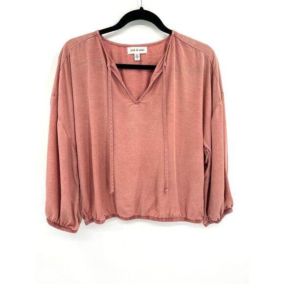cloth & stone Tops - CLOTH & STONE Dusty Rose Pink Tencel Split Neck Tie Balloon Sleeve Blouse Small